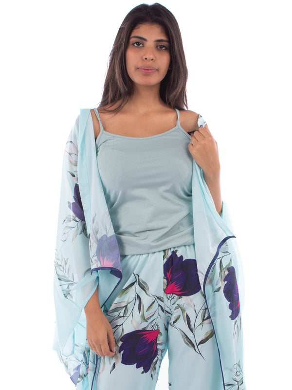 Aqua Kimono with Top & pants flowers set