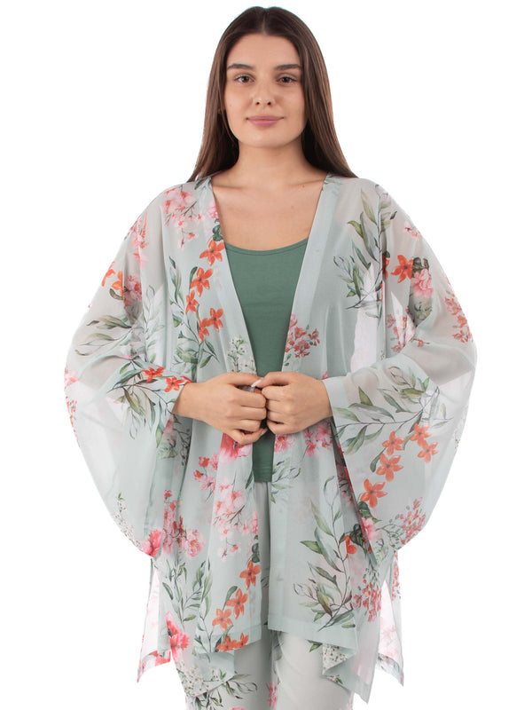 Mint Kimono with Top & pants flowers set
