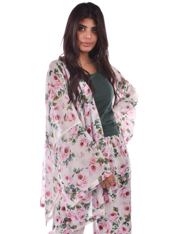 Roses Kimono with Top & pants flowers set