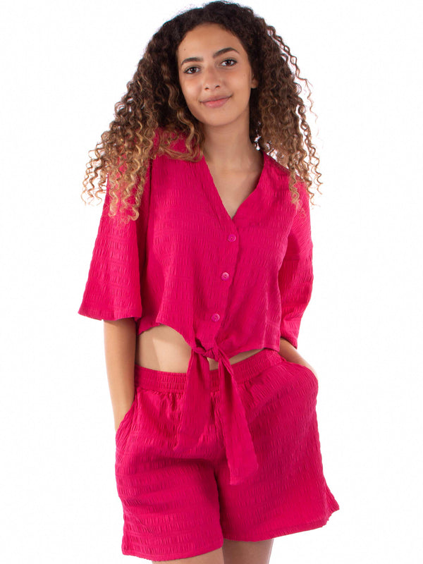 Fuchsia Tie front shirt & short PJ set